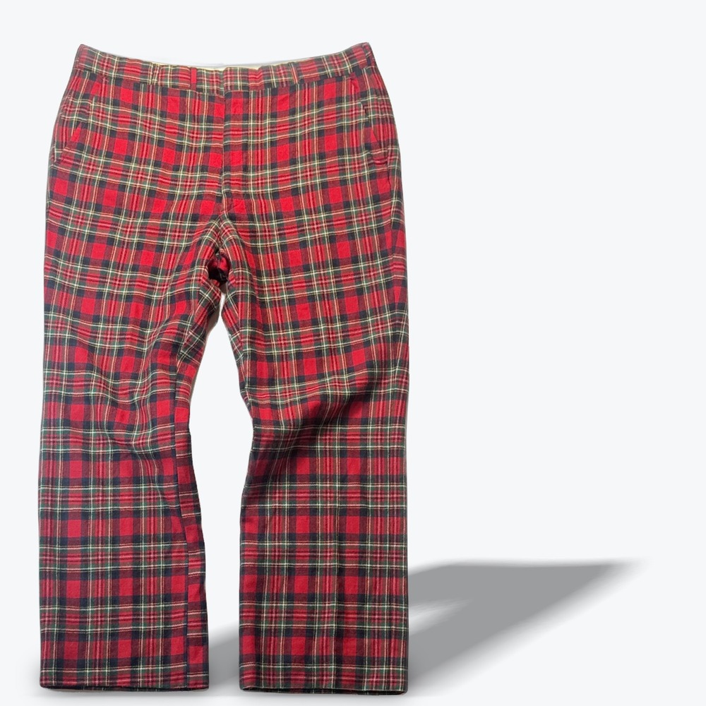 Vintage Corbin Scottish Tartans Trousers 1970s Straight Red Plaid Wool Size 35